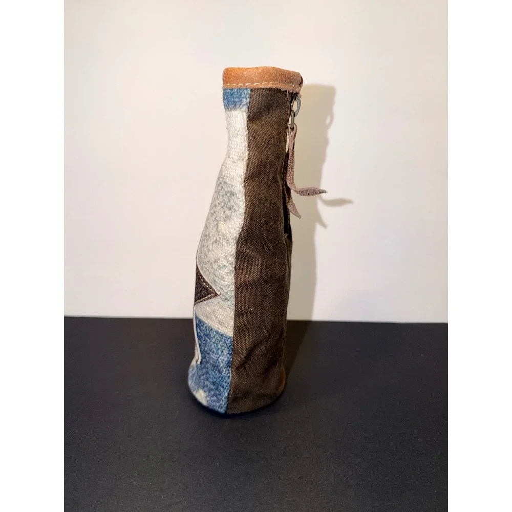 Western Star Wine Bottle Koozie Carrier Canvas Leather Hair-on-Hide Brown Blue